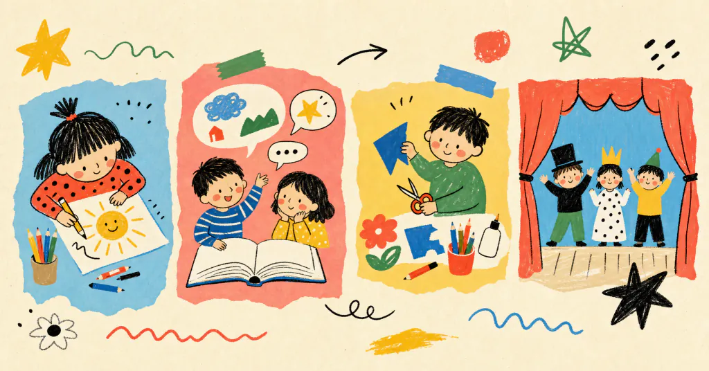 Коллаж занятий: рисование, истории, поделки и мини-спектакль